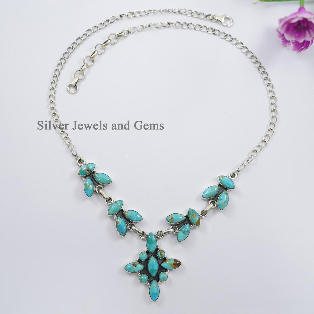 Kingman Turquoise Statement Necklace, Anniversary Necklace, 925 Sterling Silver Necklace, Multi Stone Necklace, Gemstone Handmade Necklace