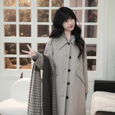 Herbst- und Winter-Temperament-Anzugkragen einreihig locker und vielseitig knielang Wolljacke 188