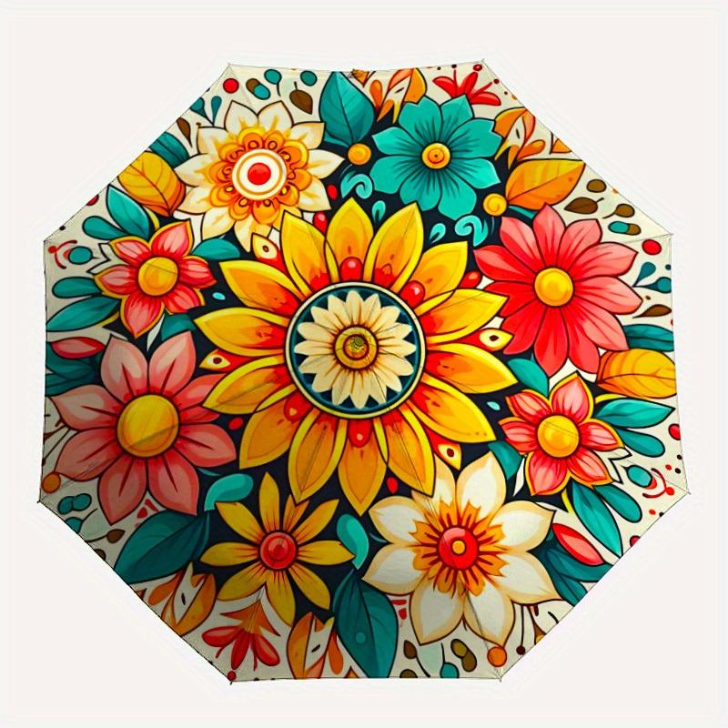 

1pc Floral Mandala Pattern Umbrella - 8-Rib Automatic Open/Close, Fashionable Compact Umbrella for Outdoor Adventures yy250813119