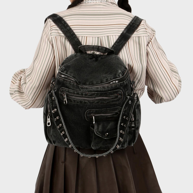 Vintage Denim Backpack Rivet Shoulder Bag Student Schoolbag Class Commuter Backpack