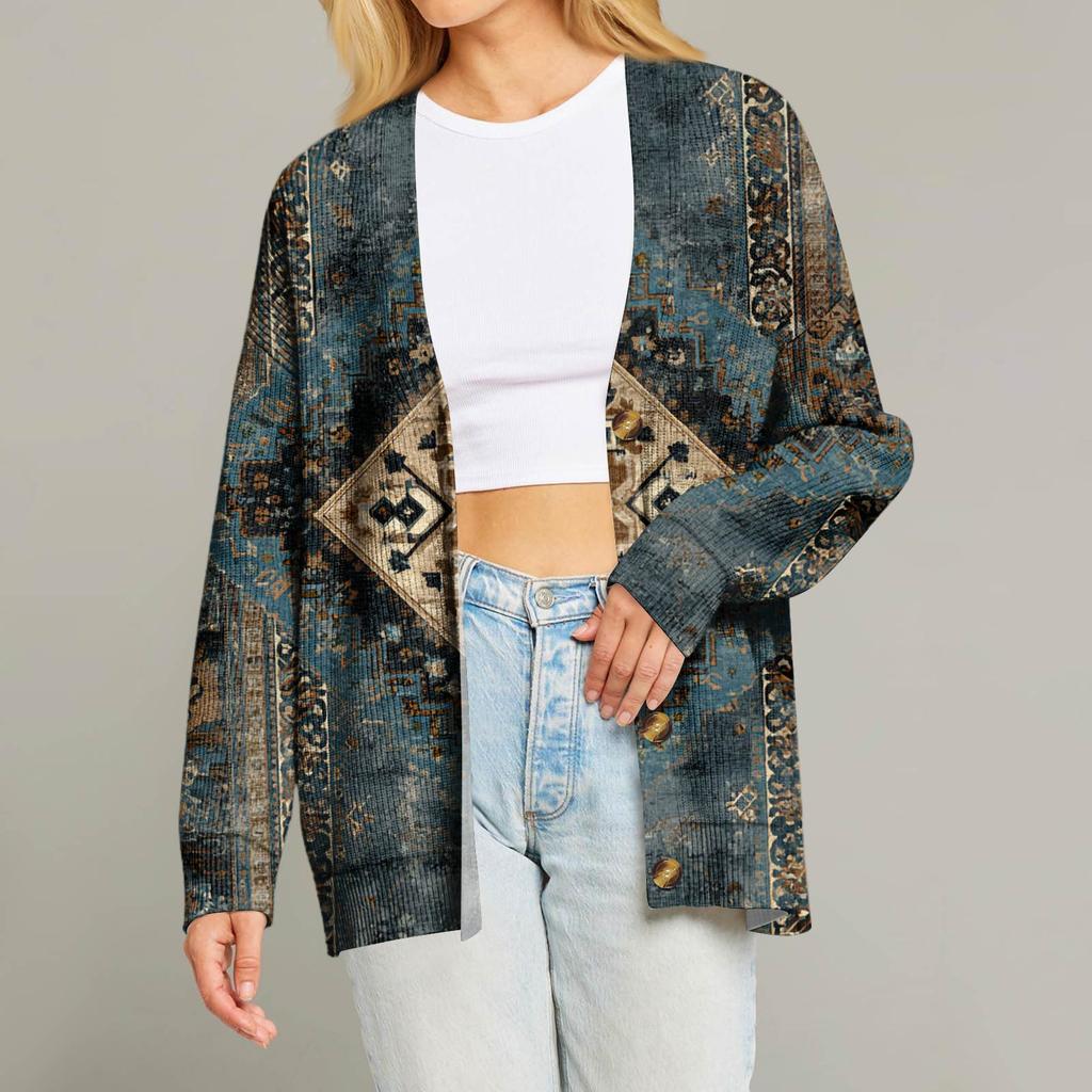 Women's Fashion Long Sleeve Christmas Print V-Neck Button Loose Cardigan Top