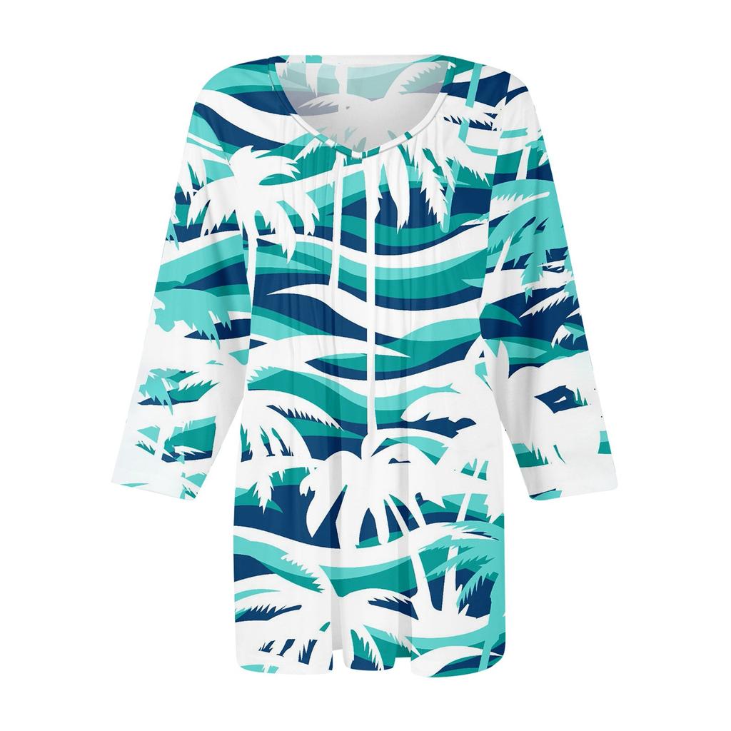 Damen Tops V-Ausschnitt Dreiviertelärmel Gestreift Plissee Casual Sommermode Shirt Tops