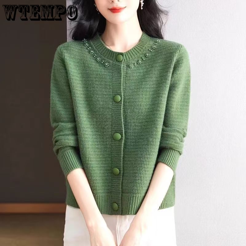 Spring and Autumn  Women's Knitted Cardigan Round Neck Short Sweater Coat Loose Knitted Shirt