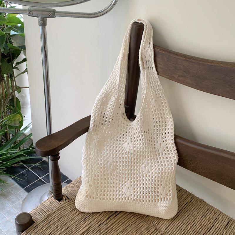 Mori hollow flower knitted shoulder bag large capacity woven tote bag seaside vacation handbag