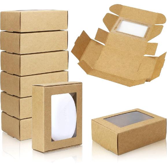 BadenBach 50 Pack Mini Rectangle Kraft Paper Boxes with Clear Windows,3.33" x 2.35" x 1.18",Tiny Small Homemade Soap Packaging Box Small Gift Boxes