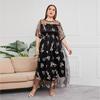 Floral Tulle Plus Size Dresses for Women Round Necked Lace Appliques Dress Summer Mesh Sheer Bling Floral Pleated Dress Commuter Fashion Dresses