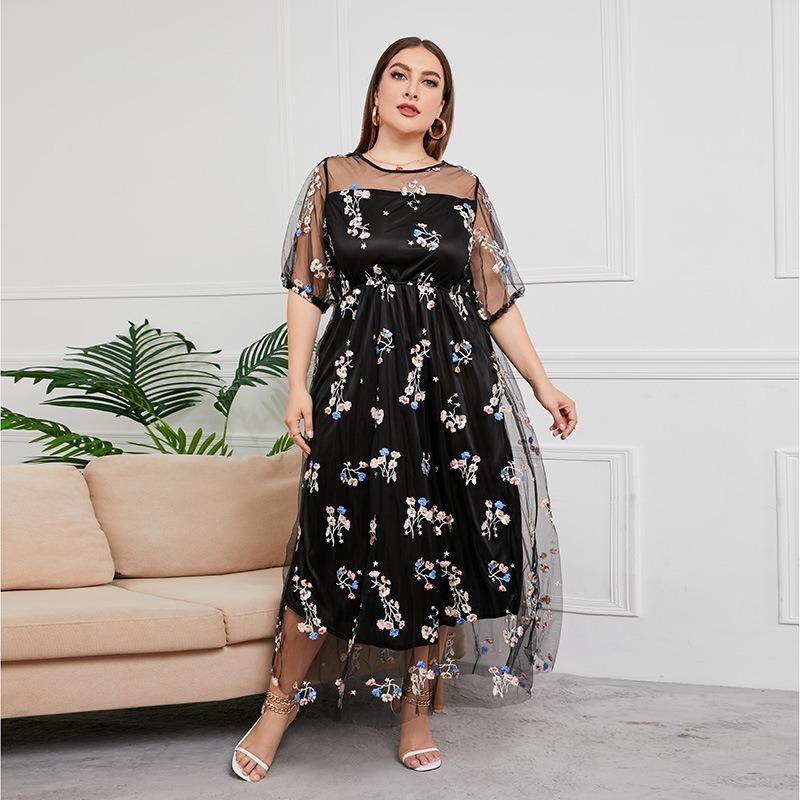 Floral Tulle Plus Size Dresses for Women Round Necked Lace Appliques Dress Summer Mesh Sheer Bling Floral Pleated Dress Commuter Fashion Dresses