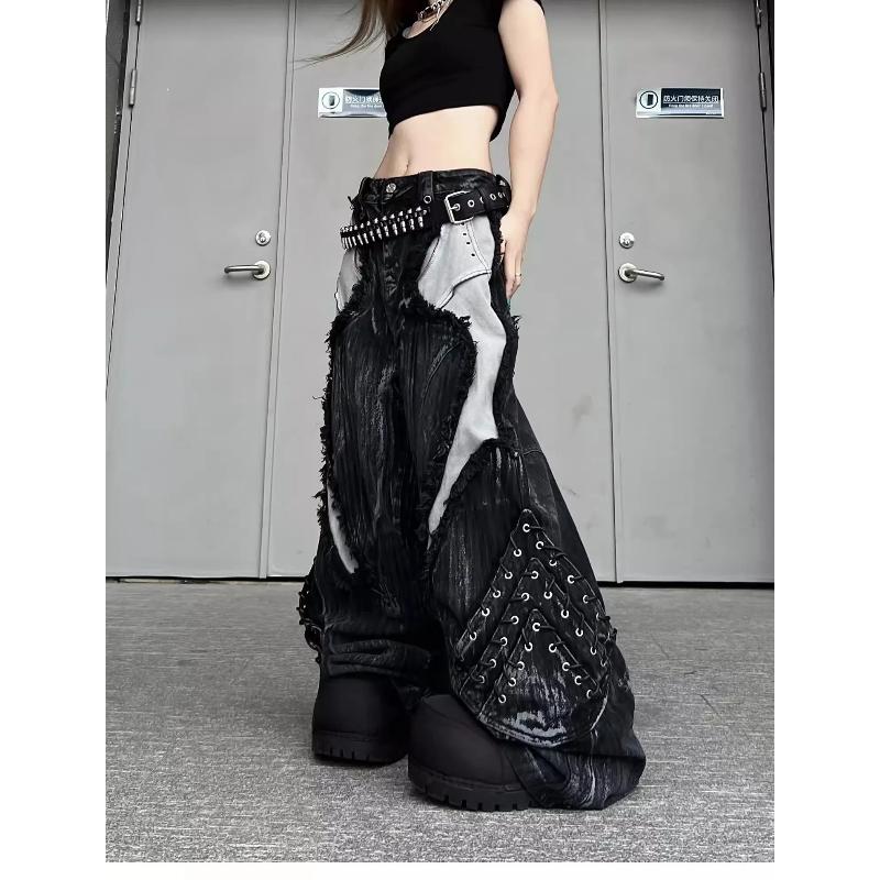 Vintage Patchwork Eskitilmiş Kot Pantolon Hip Hop Bol Geniş Bacak Kargo Pantolon Kadın Yıkanmış Eskitilmiş Kot Pantolon