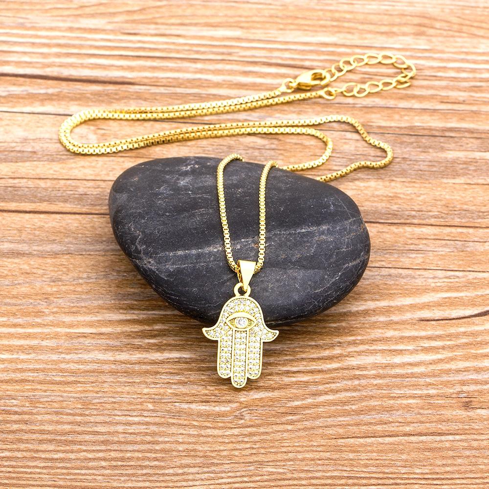 Women Men Hot Sale Hamsa Hand Necklace Gold Color AAA Zircon Evil Eye Pendant & Chain Hip Hop Turkish Lucky Jewelry Gifts