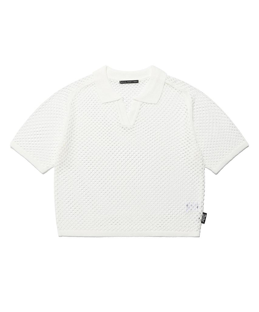 ANDTHEOTHER White Punched Collar Short Sleeve Knit