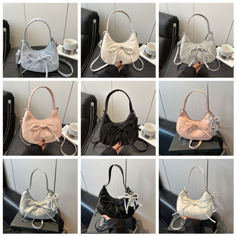 Lace Pearl Pendant Bow Shoulder Bag Large Capacity French Style Handbag PU Hobo Bag  Streetwear