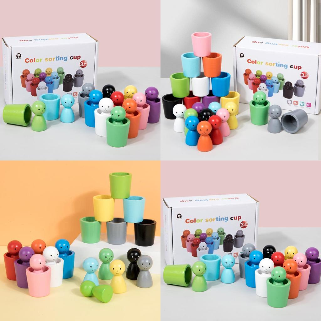 Wooden Montessori Color Sorting Cups For Kids Handeye Coordination Educational Toy
