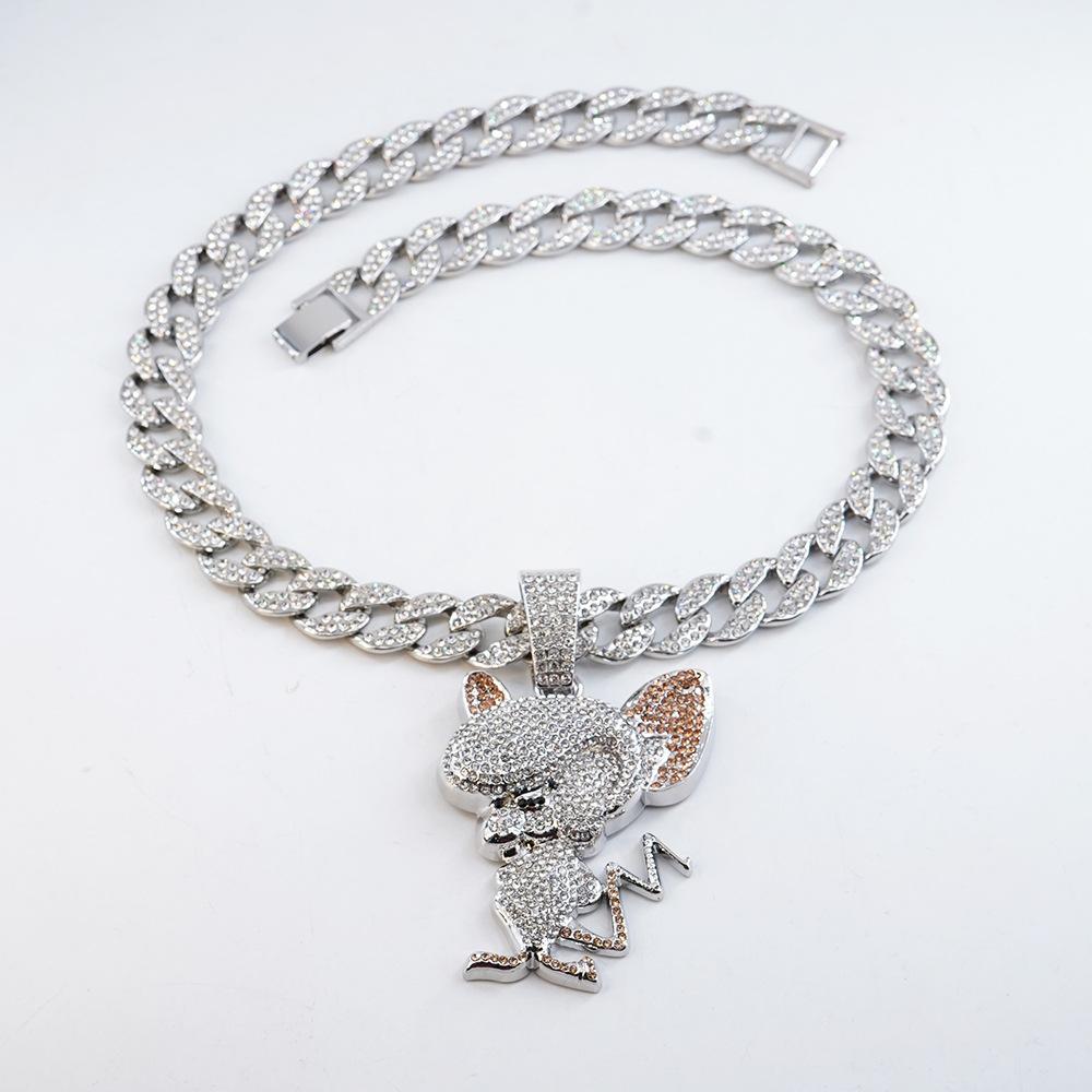 Cartoon Animal Mouse Full Diamond Three-dimensional Pendant Cuban Necklace, European and American Fashion Versatile Men's and Women's Accessories