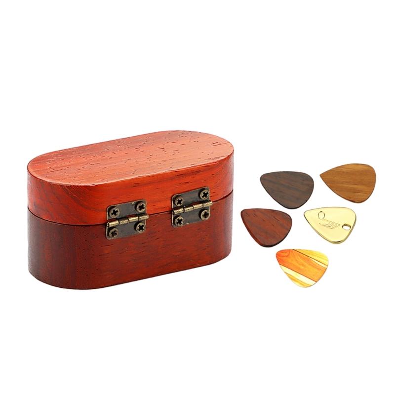 Wood Guitar Pick Storage Box Container Portable Guitar Pick Box Holder Collector with 5 Guitar Pick Gift for Guitarist