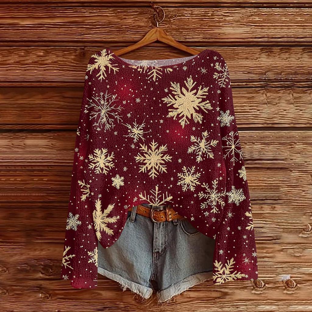 Women's Round Neck Lightweight Sweater Casual Long Sleeve Christmas Print Knit Pullover.