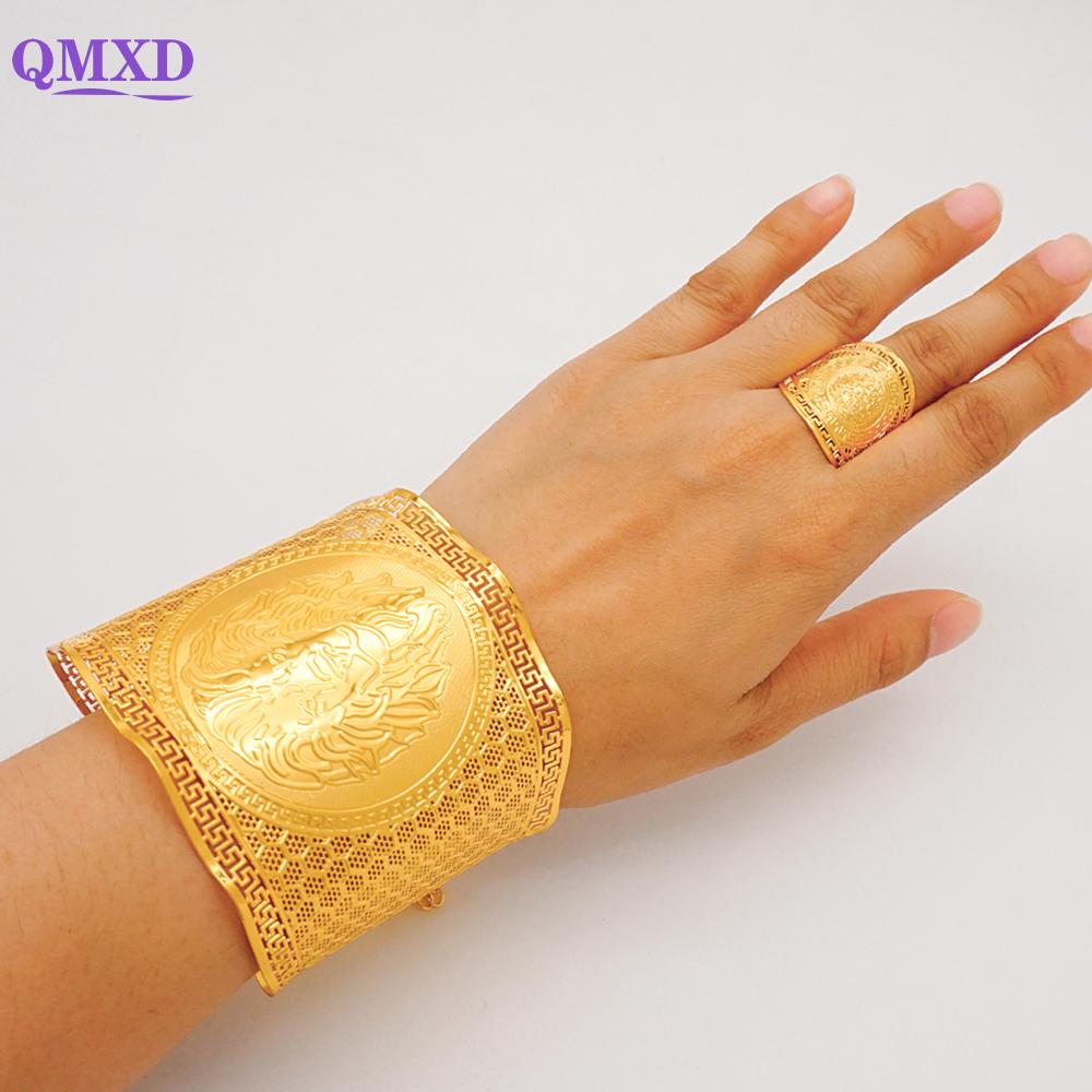 Dubai Gold Color Bangle With Ring For Women Charm Chain Cuff Bracelet Indian Bracelet Arabic France Bridal Wedding Jewelry Gifts