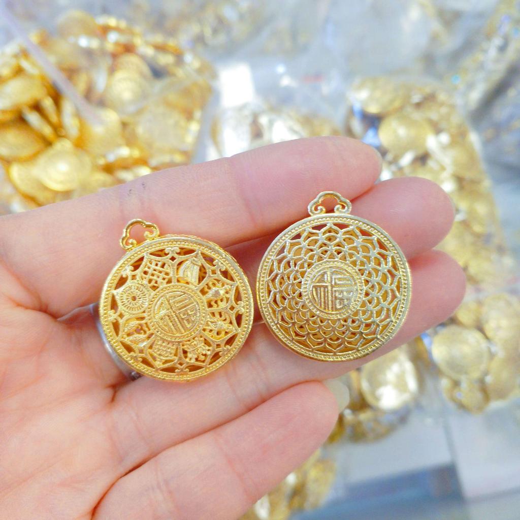 Vietnamese Sand Gold Eight Treasures Lotus Pendant Necklace - Brass, Gold Plated, Ancient Fu Character, Hollow Lotus Compass Design.