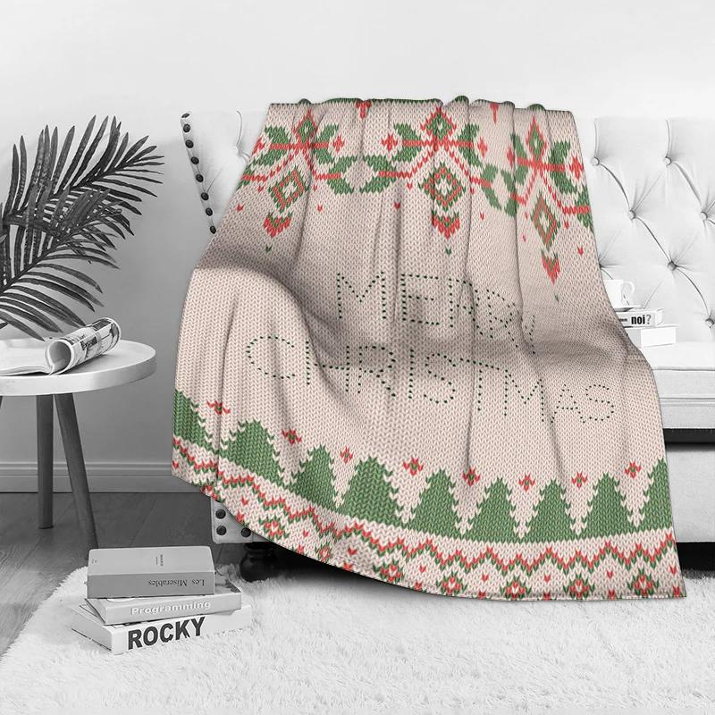 Knit Stitch Christmas Throw Blanket, Subtle Textured Merry Christmas Design, Red Green Snowflake Pattern for Cozy Decor Size: 75*100cm, Weight: 230 GSM
