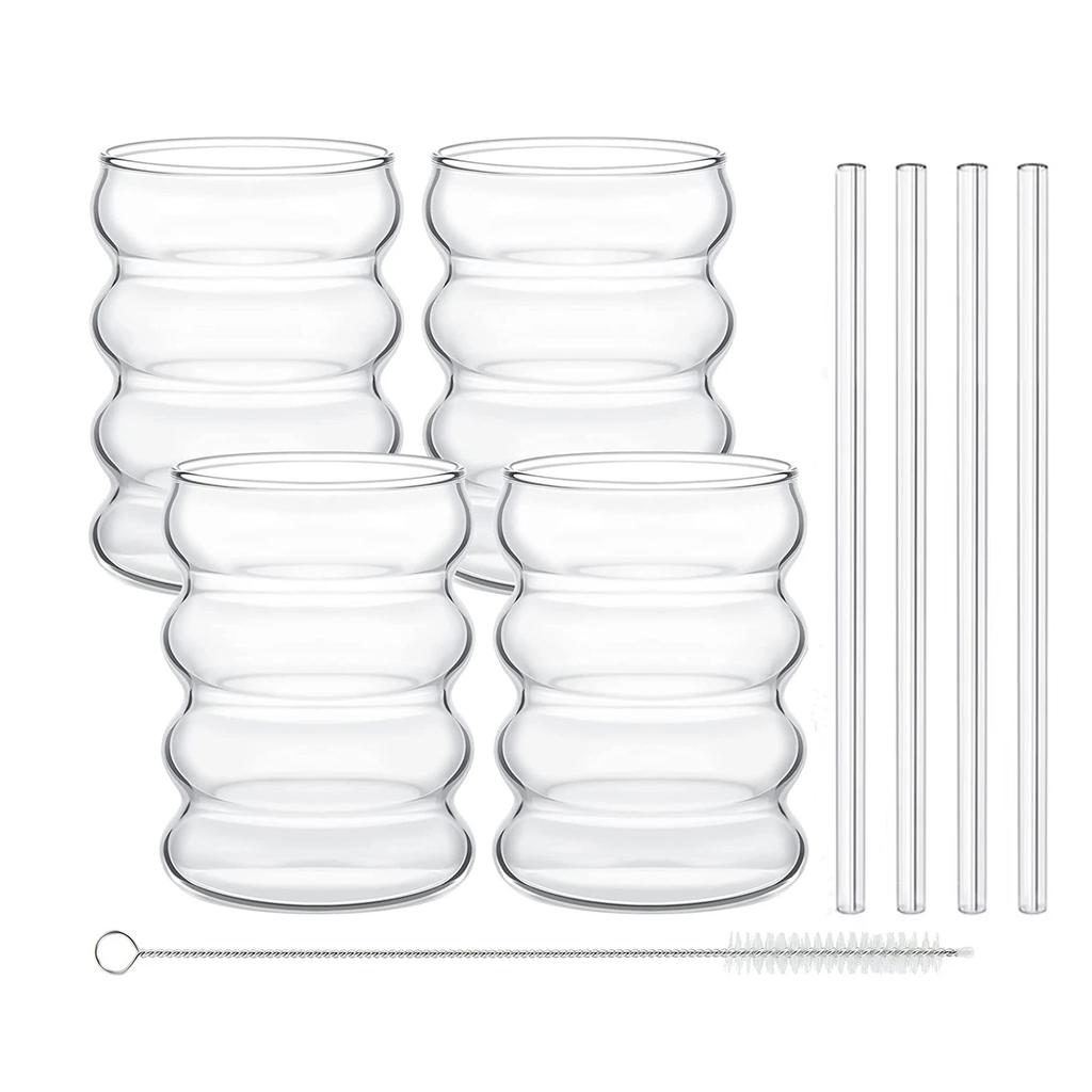 2/4 Stück Wellenform Getränkegläser mit Strohhalmen Vintage Glasbecher Riffelglas Trinkgläser für Wein Champagner Kaffeebecher