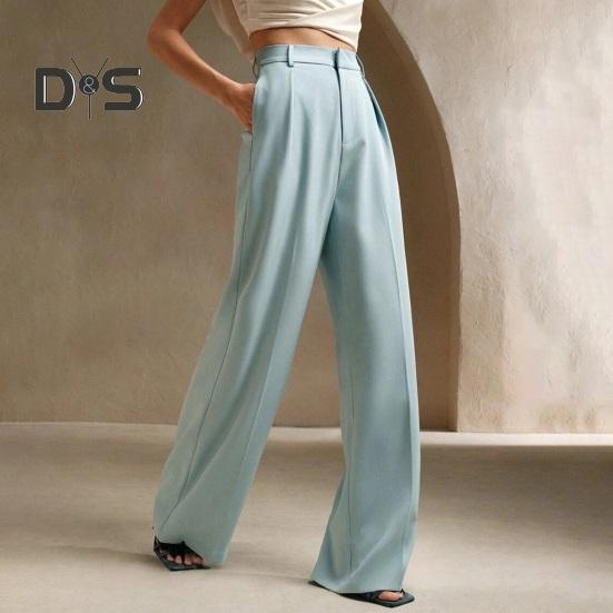 Women Pants High Waist Button Zipper Closure Straight Wide Leg Long Trousers with Pockets Solid Color Commuting Style Pants