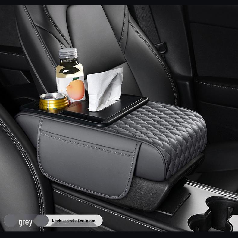 Car Armrest Pad with Console Riser, Tissue Box, Cup Holder & Protector 5-in-1