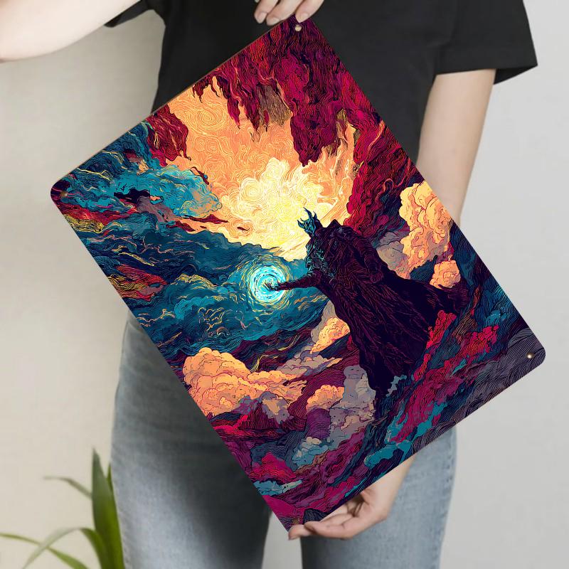 

Norse Mythology Style Fantasy Warrior Glowing Energy Ball Starry Sky Mountain Living Room Bedroom Decor Metal Iron Painting 20x30cm（7.8x11.8inch）
