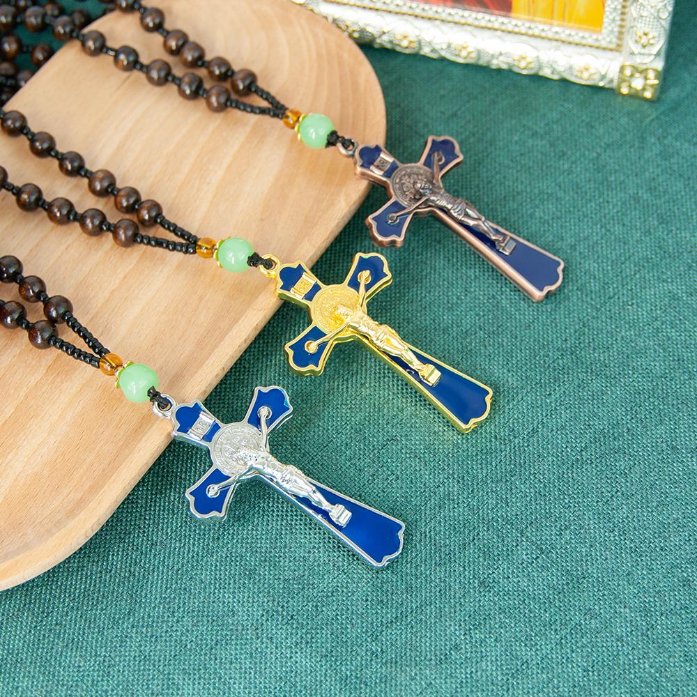 HT St. Benedict Blue Enamel Crucifix Pendant Wooden Bead Rosary Chain Metal Jesus Cross Religious Catholic Prayer Jewelry Gift