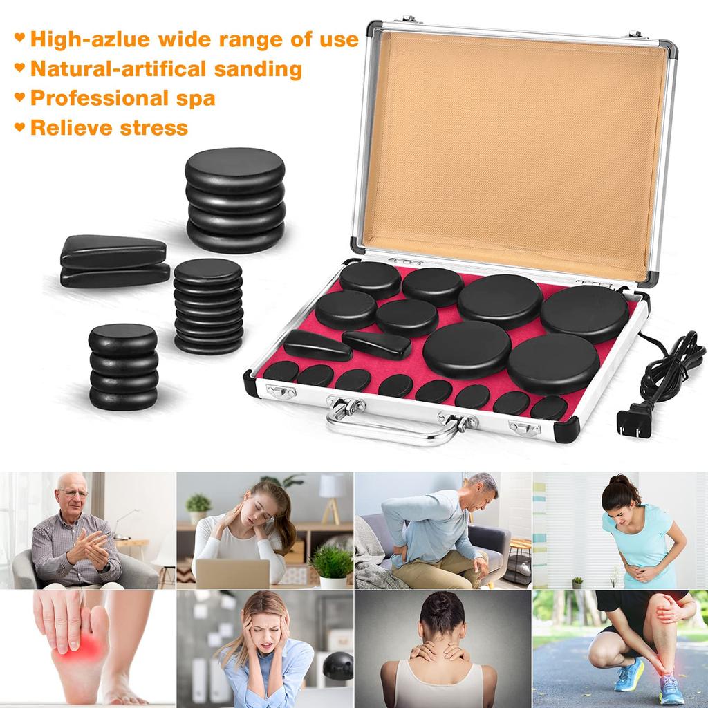 Hot Stones Massage Set 18 Pc Basalt Rocks with Heater Kit for Home Spa Warming Relaxing Muscle Relief Constant Temperature Black