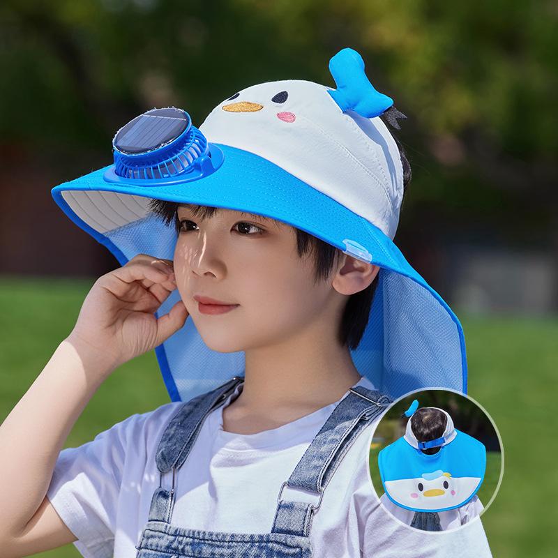 Children's Hat Summer Outdoor Sun Hat Cartoon Cute Solar Fan Hat Big Eaves Shawl Empty Top Sun Protection Hat