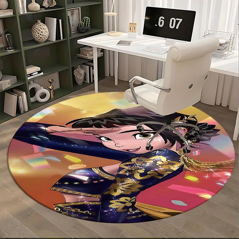 1pc Anime Design Round Carpet - Office Chair Mat with Golden Floral Pattern, Non-Slip Rug for Home Decor
