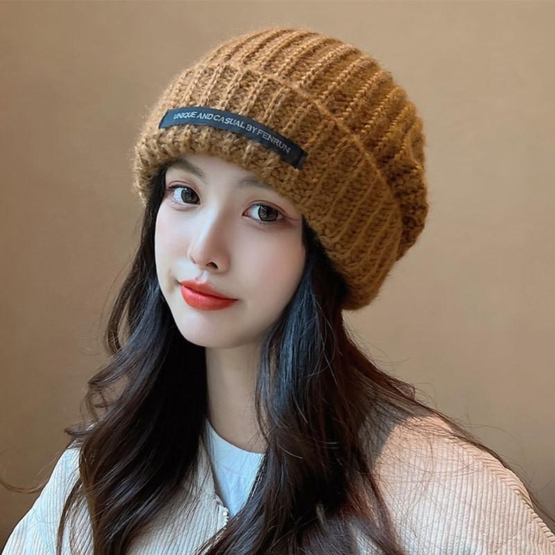Knitted Hat for Women in Autumn and Winter Warm Pullover Woolen Hat Outdoor Travel  Face Showing  Small Pile Hat  Trendy and Versatile
