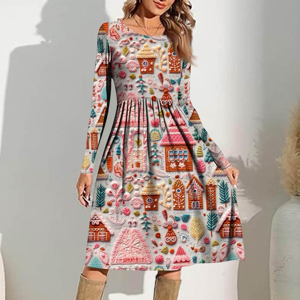 Robe Décontractée Imprimée Dégradé pour Femmes Printemps Poche Col Rond Robes Manches Longues