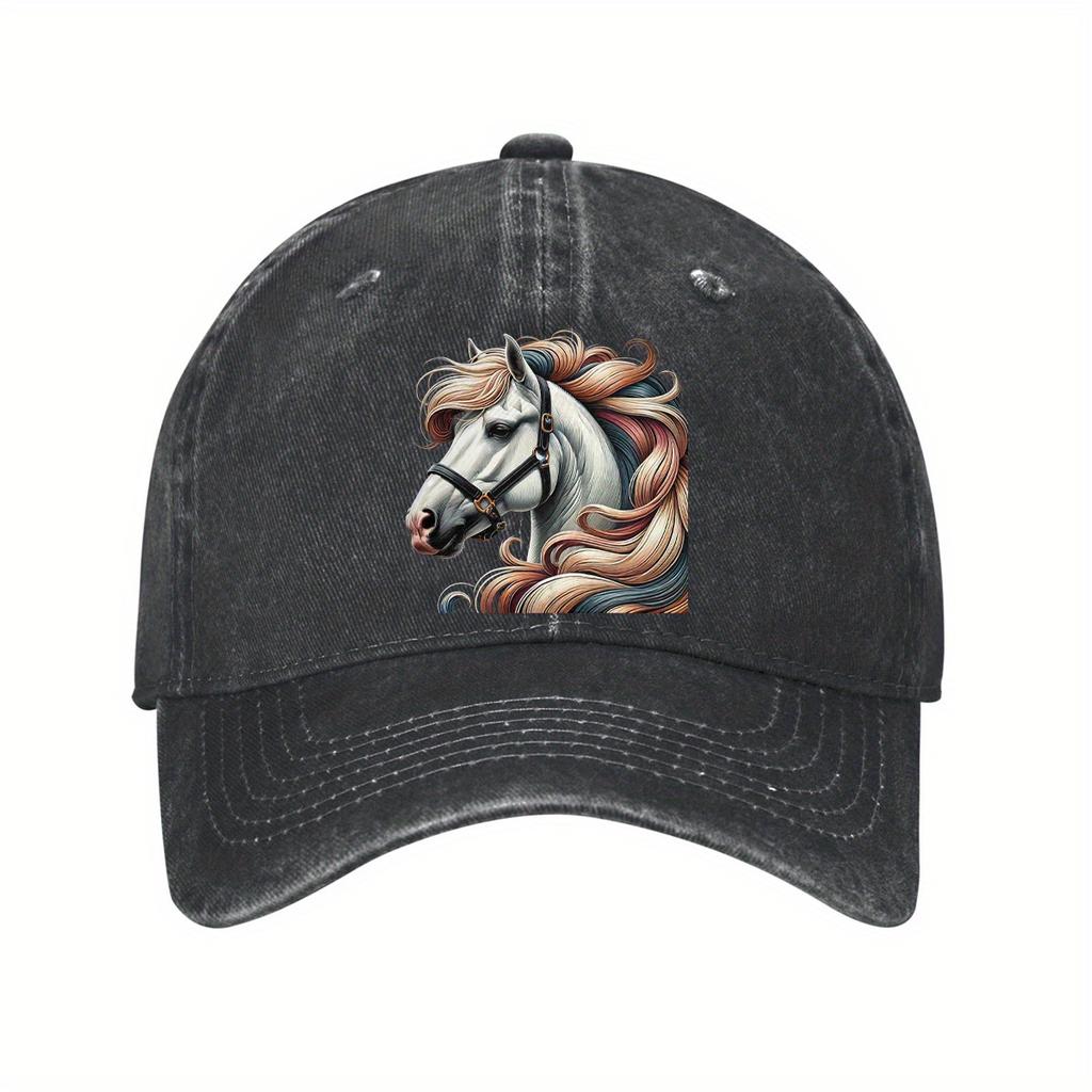 Colorful Mane White Horse Baseball Cap Denim Style Adjustable Casual Dad Hat for Unisex Adults