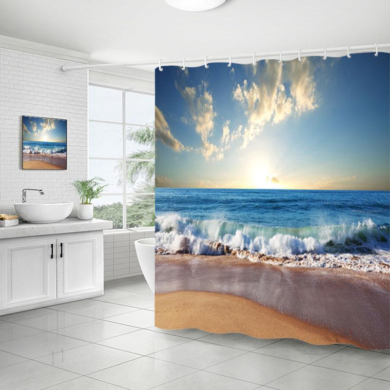 Shower Curtain Bathroom Fabric Non-Punching Beach Natural Scenery Digital Printing Shower Curtain With 12 Hooks