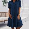Women's Collared Short Sleeve Denim Shirt Dress Loose Fit Solid Color Casual Button Down Midi Dress