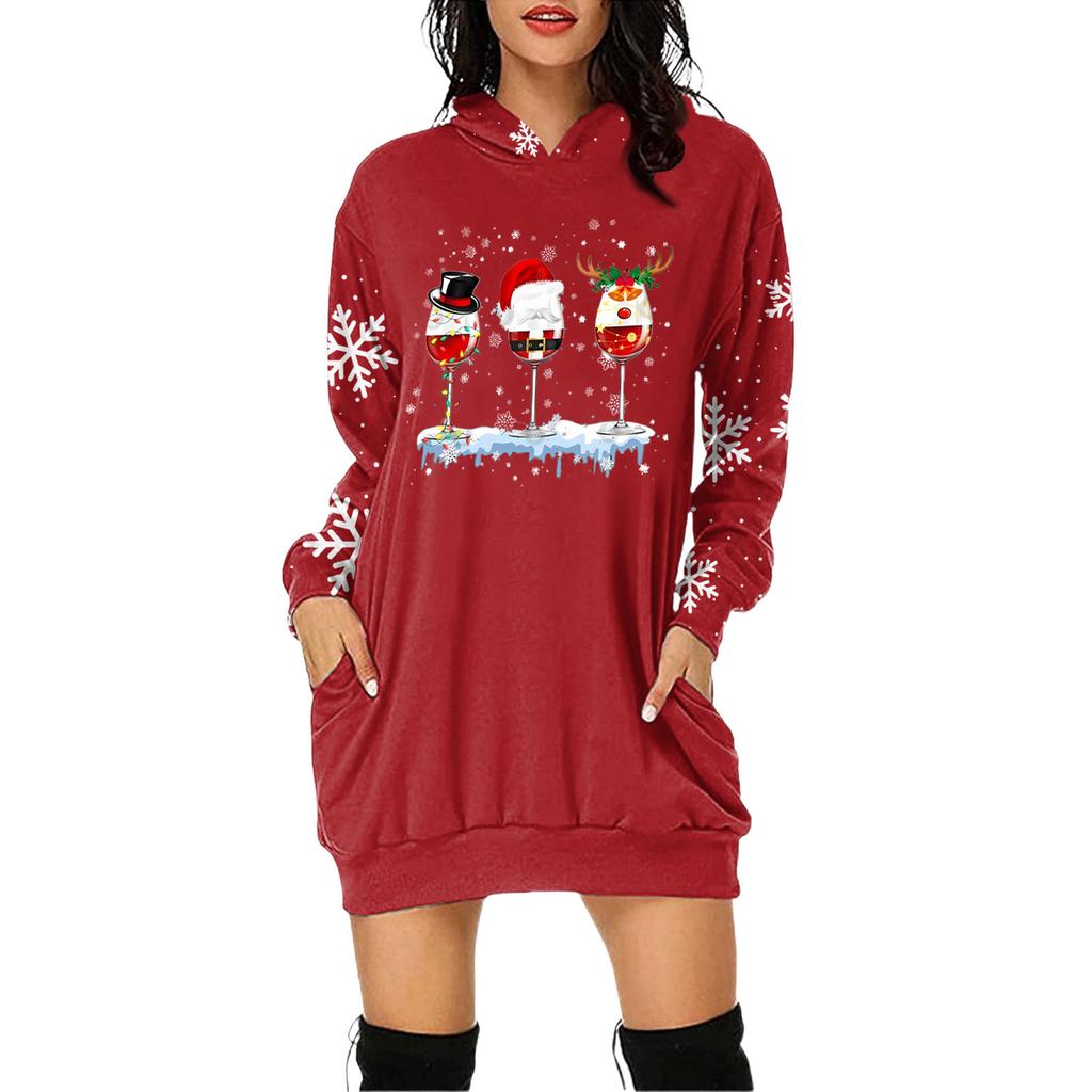 Women's Christmas Print Long-Sleeved Hooded Pocket Pullover Dress
