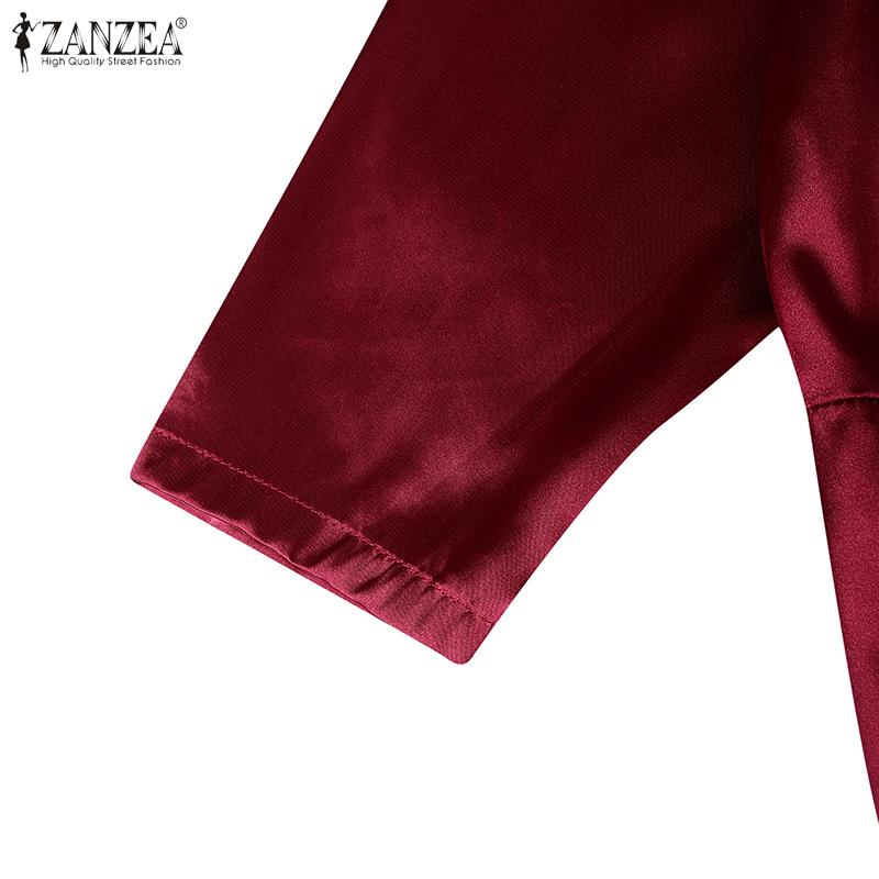 ZANZEA Damen Casual Rundhals Einfarbig 3/4-Ärmel Satin Kleid