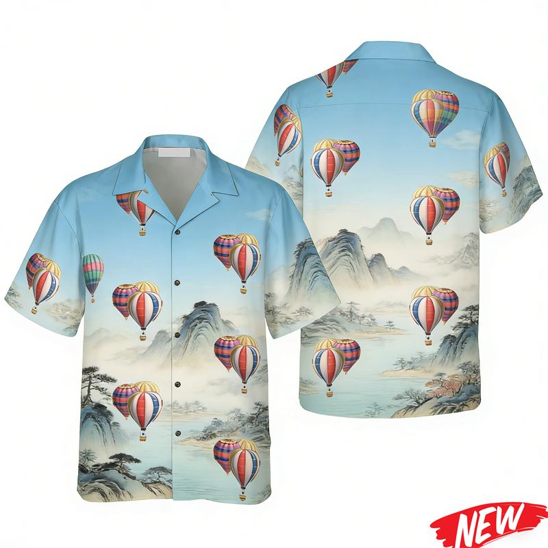 Camisa Hawaiana Gráfica de Globo Aerostático para Hombres Mujeres Verano Playa Vacaciones Camisas Moda Calle Solapa Manga Corta Camisa Tops