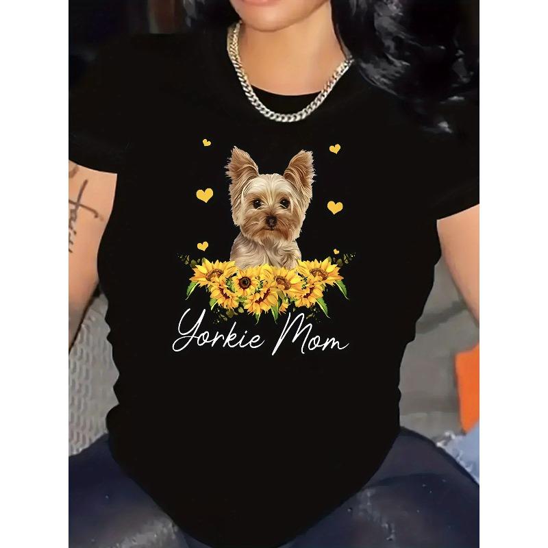 Europäische Größe Damen Süßes Yorkie Hund Grafik T-Shirt, Lässiges Rundhals Kurzarm Sportliches Tee, Damen Sportoberteil mit Sonnenblumendesign