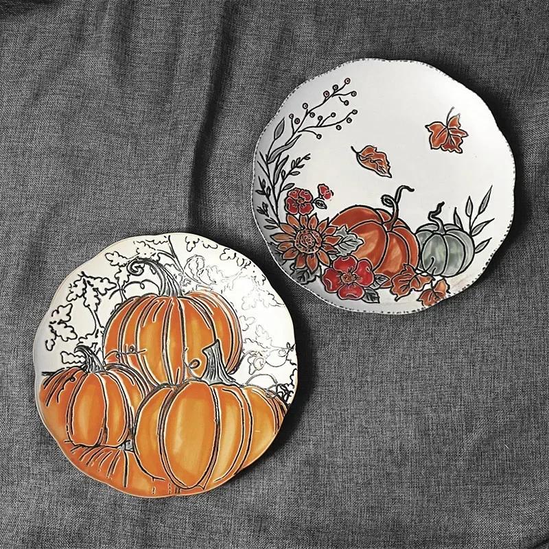 1pcs Nordic Ceramic Picnic Plate Hand-painted Pumpkin Dinner Plates Environmental Picnic Children Tableware Kitchen Supplies
