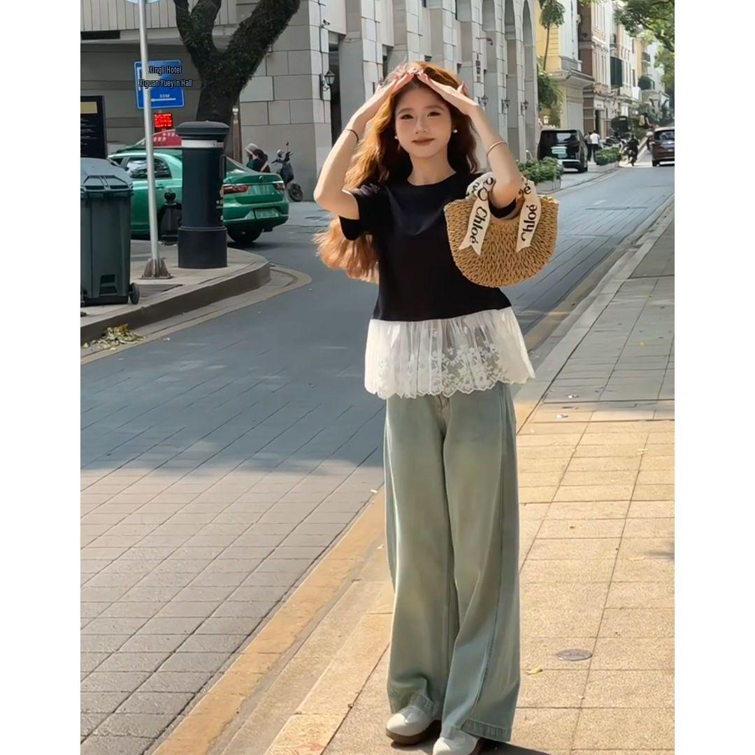 

Женская футболка с круглым вырезом и короткими рукавами в балетном стиле с кружевной отделкой пэчворк - Дизайн весна/лето XL