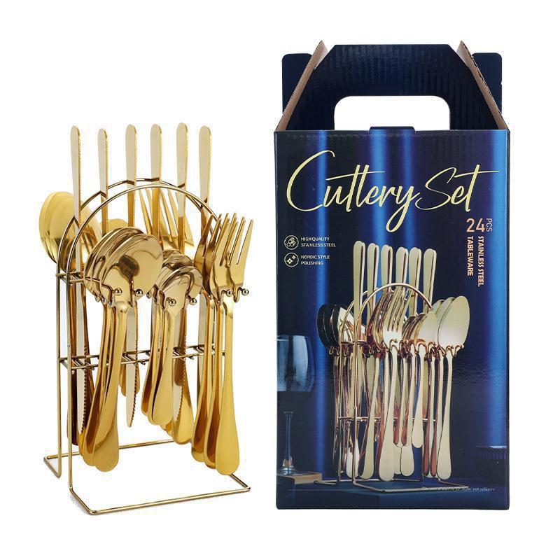 24-teiliges Edelstahl-Besteckset Essbesteck Messer Gabel Löffel Geschenkbox Güte 410 Nordischer Stil Gold
