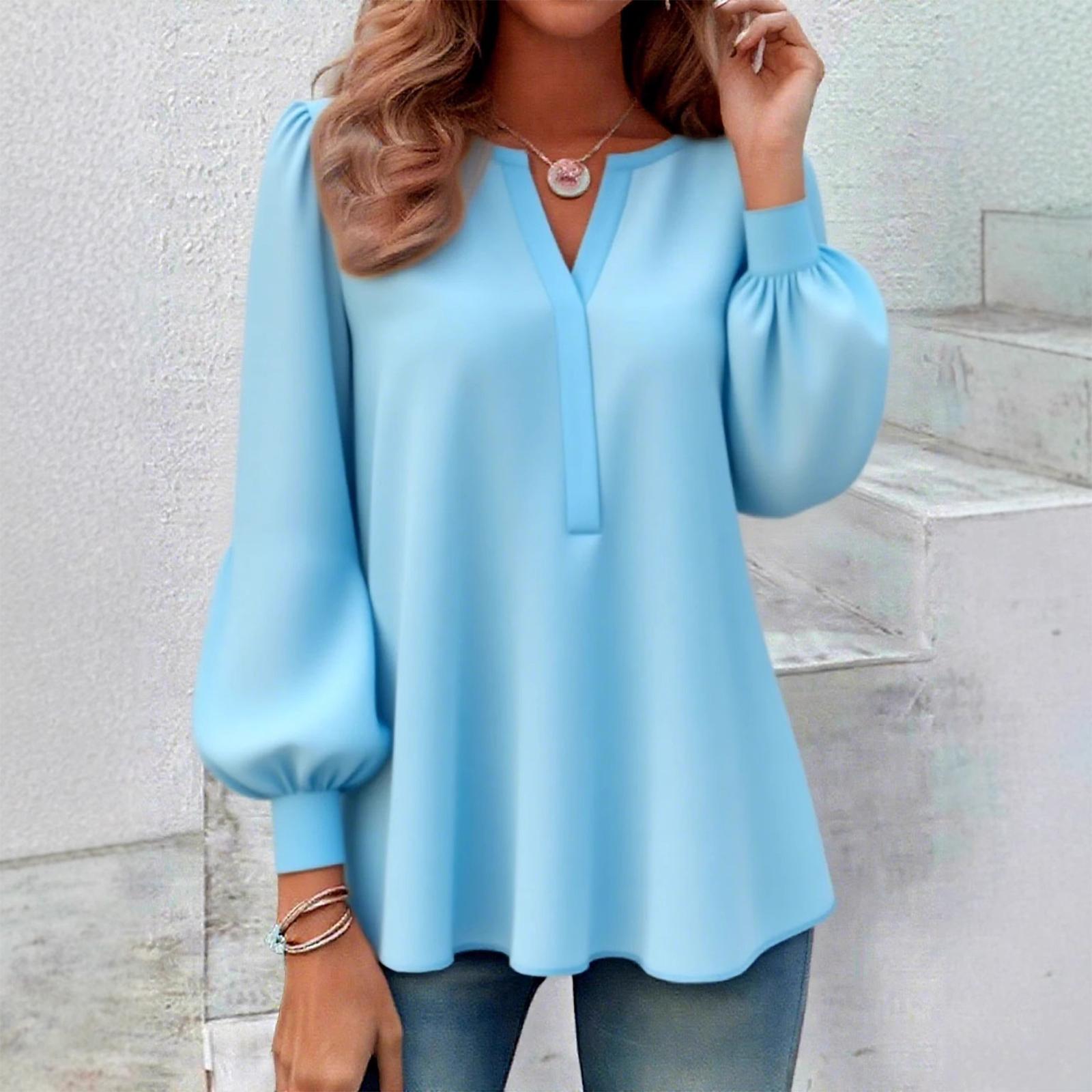 

Женская модная однотонная футболка с V-образным вырезом, свободного кроя, с длинным рукавом S