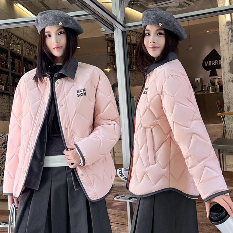 Lapel Contrast Color Lightweight Down Cotton Jacket Women's New Korean Style Splicing Fake Two-piece Cotton Jacket Jacket