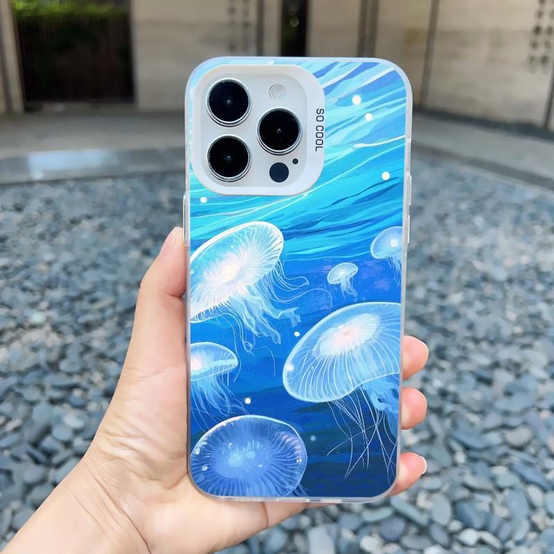 Marine Creature Jellyfish Phone Case For iPhone 16 15 Pro Max Plus 14 13 Mini 12 11 Pro Max Shockproof Laser Back Cover Fundas