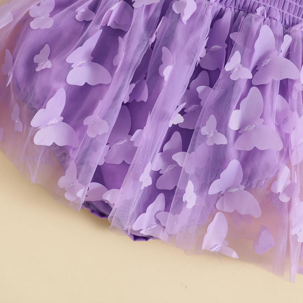 Infant Girl Romper Dress Butterfly Decor Fly Sleeve Ruched Mesh Skirt Hem Jumpsuits Newborn Clothes Baby Bodysuits with Headband