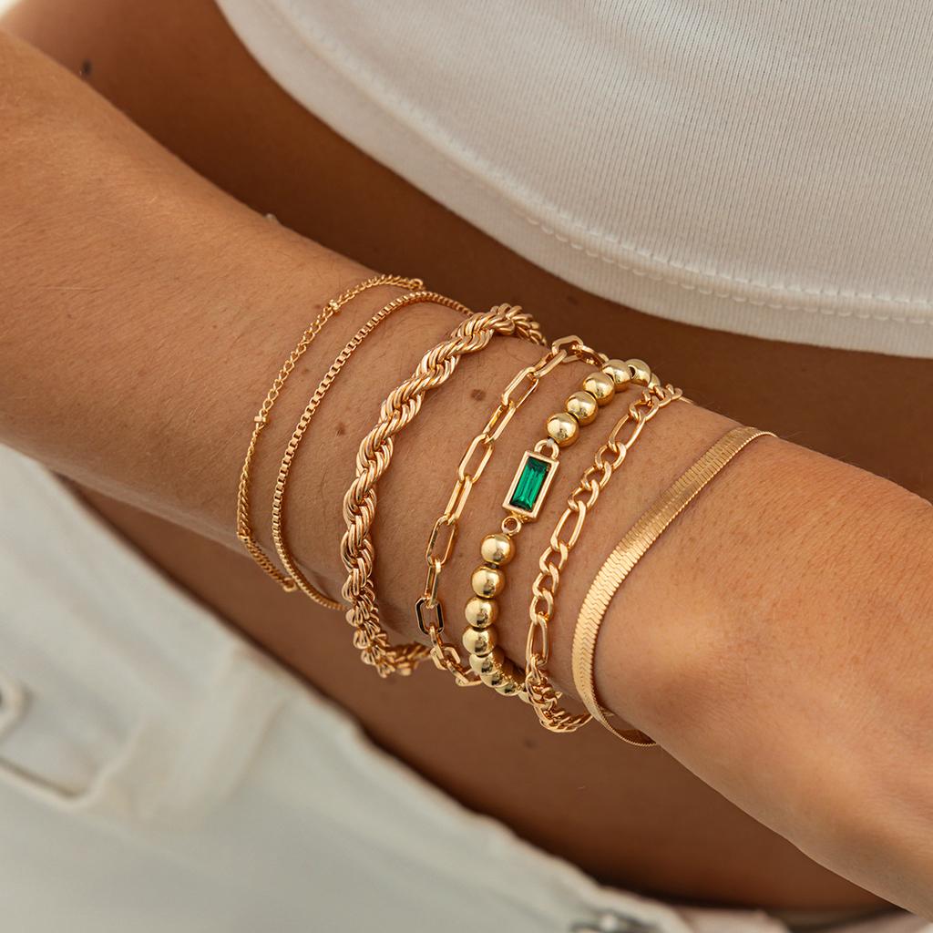 7pcs Set Fashion Luxury Acrylic Gemstone Gold Color Twisted Chain Layered Bracelets for Women Temperament Stackable Jewelry Sets