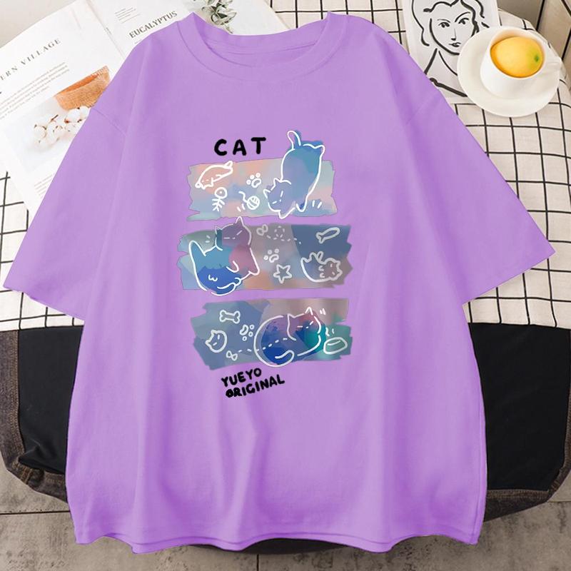 Fun Mischievous Cat Print Japanese Style T-Shirts Men Women Fashion Tshirs Breathable Summer T-Shirts Cotton Loose Tee Clothes
