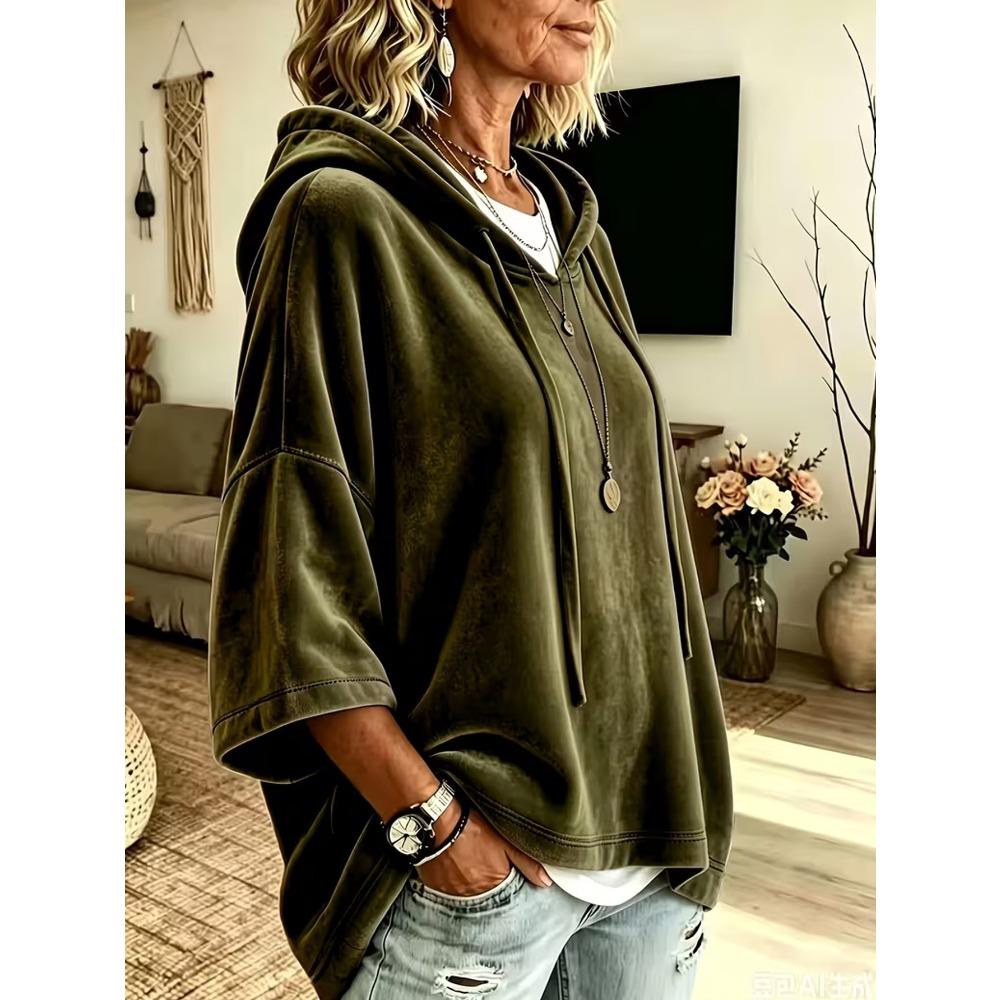 Damska gładka welurowa bluza z kapturem i rękawem 3/4, casualowy top hoodie na jesień zimę