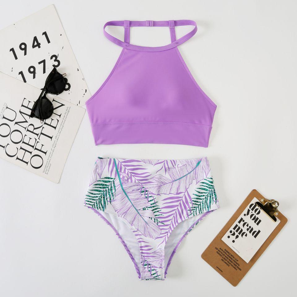 New split swimsuit women's solid color vest-style bra high waist printed briefs hip-wrapped swimsuit